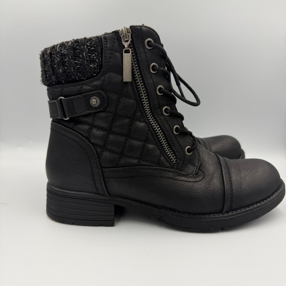 STQ Womens Black Quilted Faux‎ Leather Knit Cuff Combat Boots Size 7
